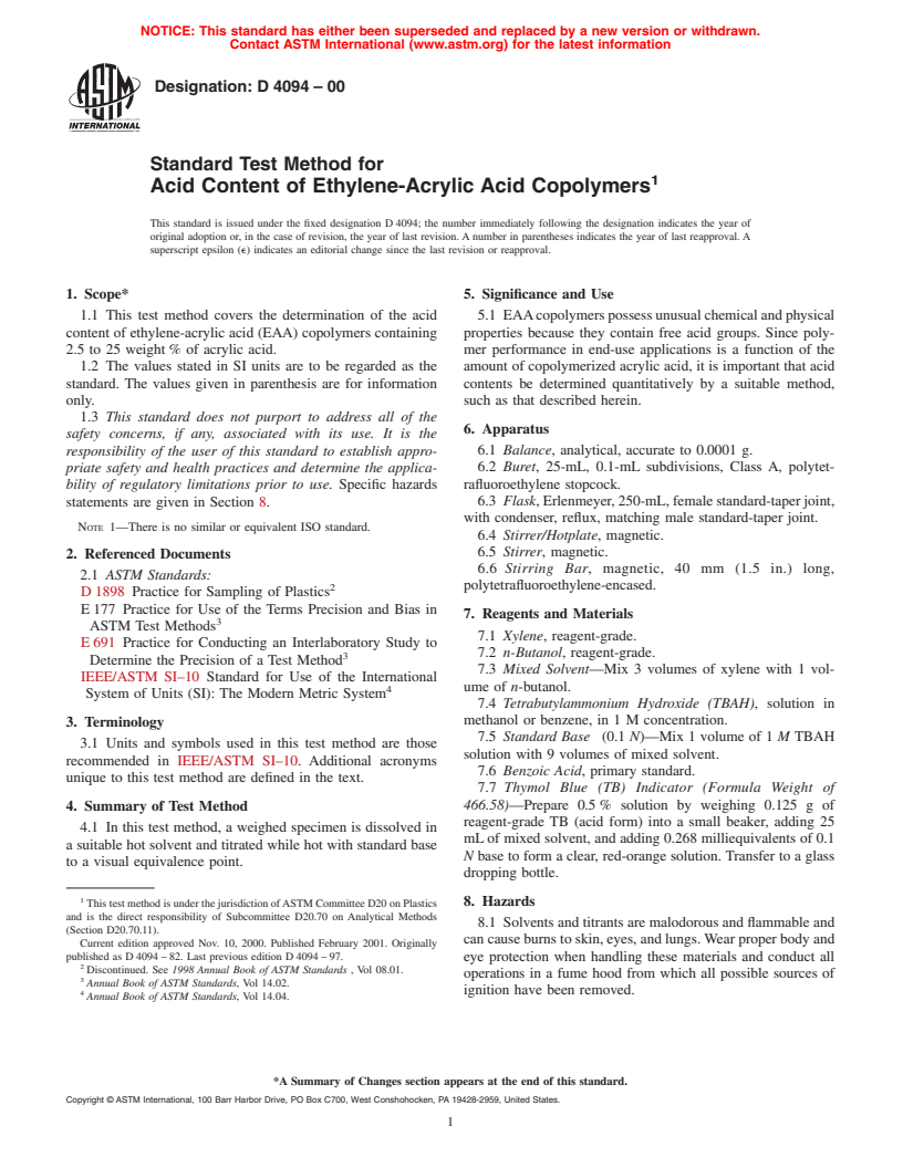 ASTM D4094-00 - Standard Test Method for Acid Content of Ethylene-Acrylic Acid Copolymers