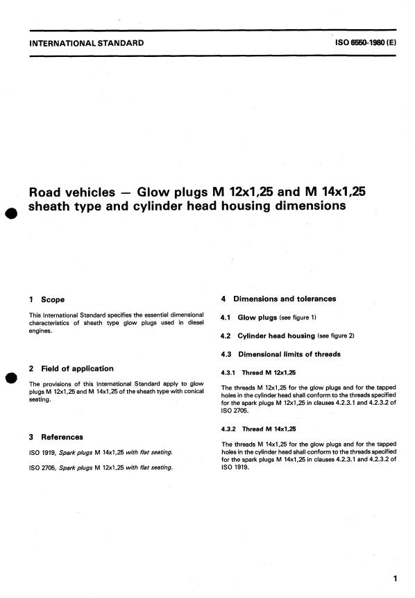 ISO 6550:1980 - Road vehicles -- Glow plugs M 12x1,25 and M 14x1,25 sheath type and cylinder head housing dimensions