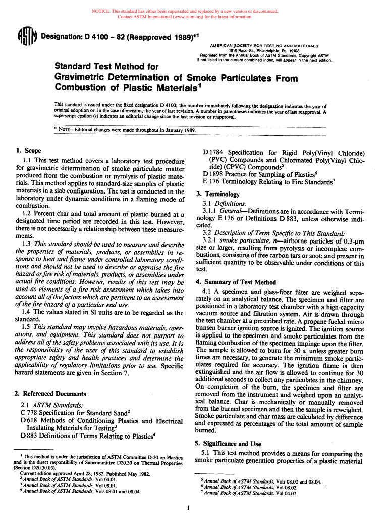 ASTM D4100-82(1989)e1 - Test Method for Gravimetric Determination of Smoke Particulates from Combustion of Plastic Materials (Withdrawn 1997)