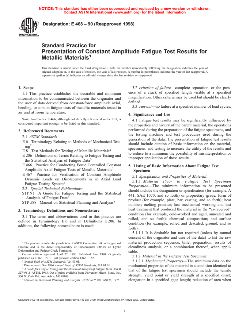 ASTM E468-90(1998) - Standard Practice for Presentation of Constant Amplitude Fatigue Test Results for Metallic Materials