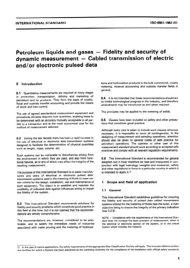 ISO 6551:1982 - Petroleum liquids and gases -- Fidelity and security of dynamic measurement -- Cabled transmission of electric and/or electronic pulsed data