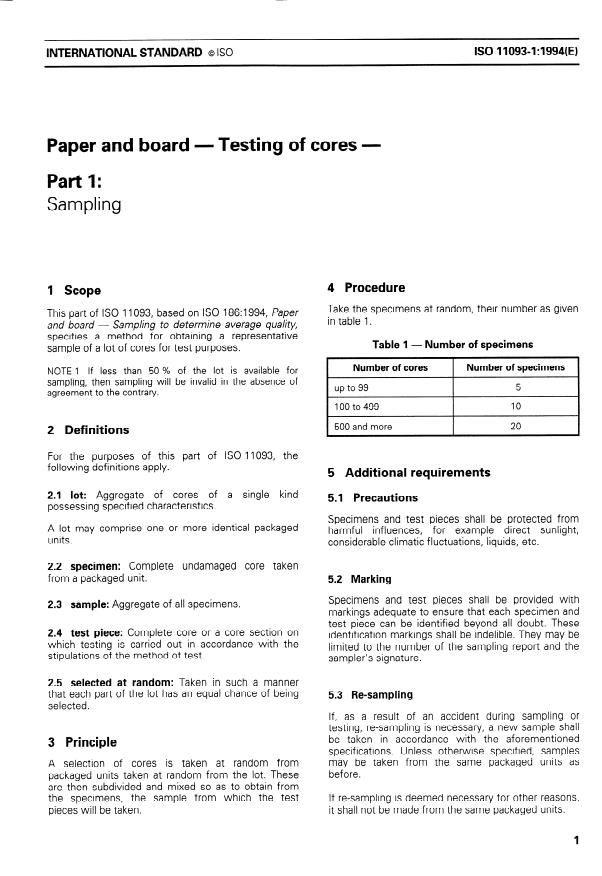 ISO 11093-1:1994 - Paper and board -- Testing of cores