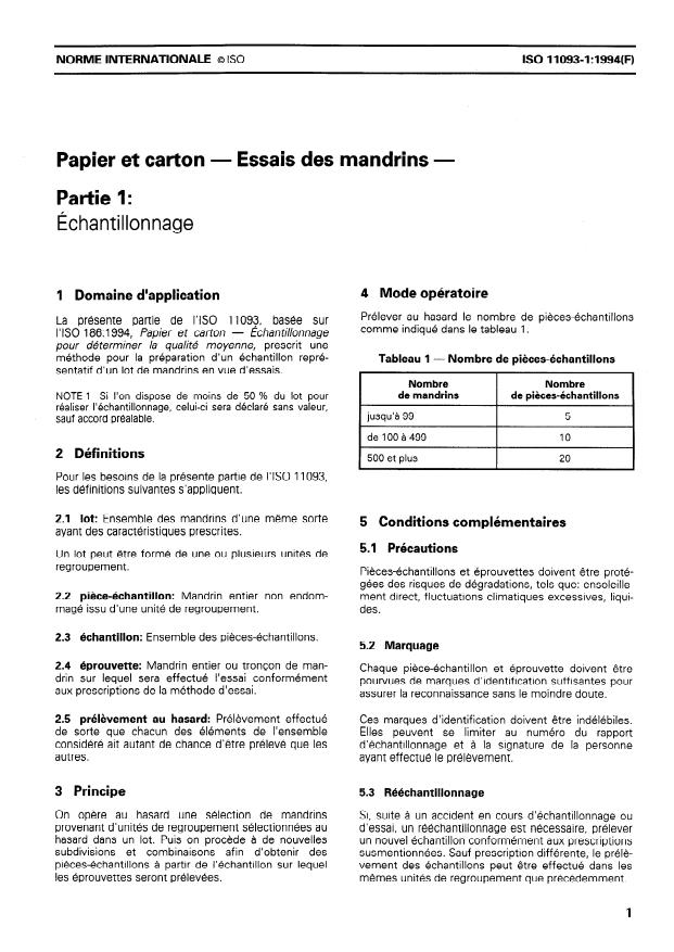 ISO 11093-1:1994 - Papier et carton -- Essais des mandrins