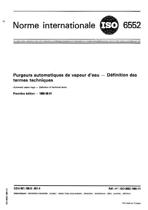 ISO 6552:1980 - Purgeurs automatiques de vapeur d'eau -- Définition des termes techniques
