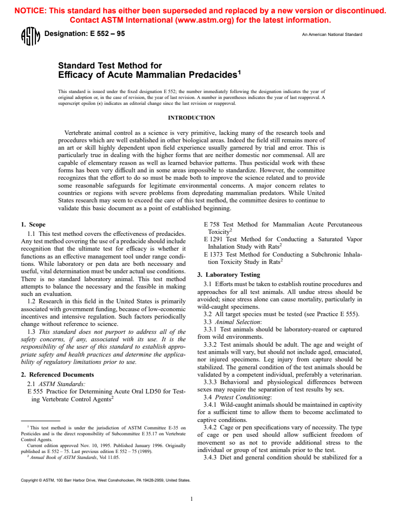 ASTM E552-95 - Test Method for Efficacy of Acute Mammalian Predacides (Withdrawn 2000)