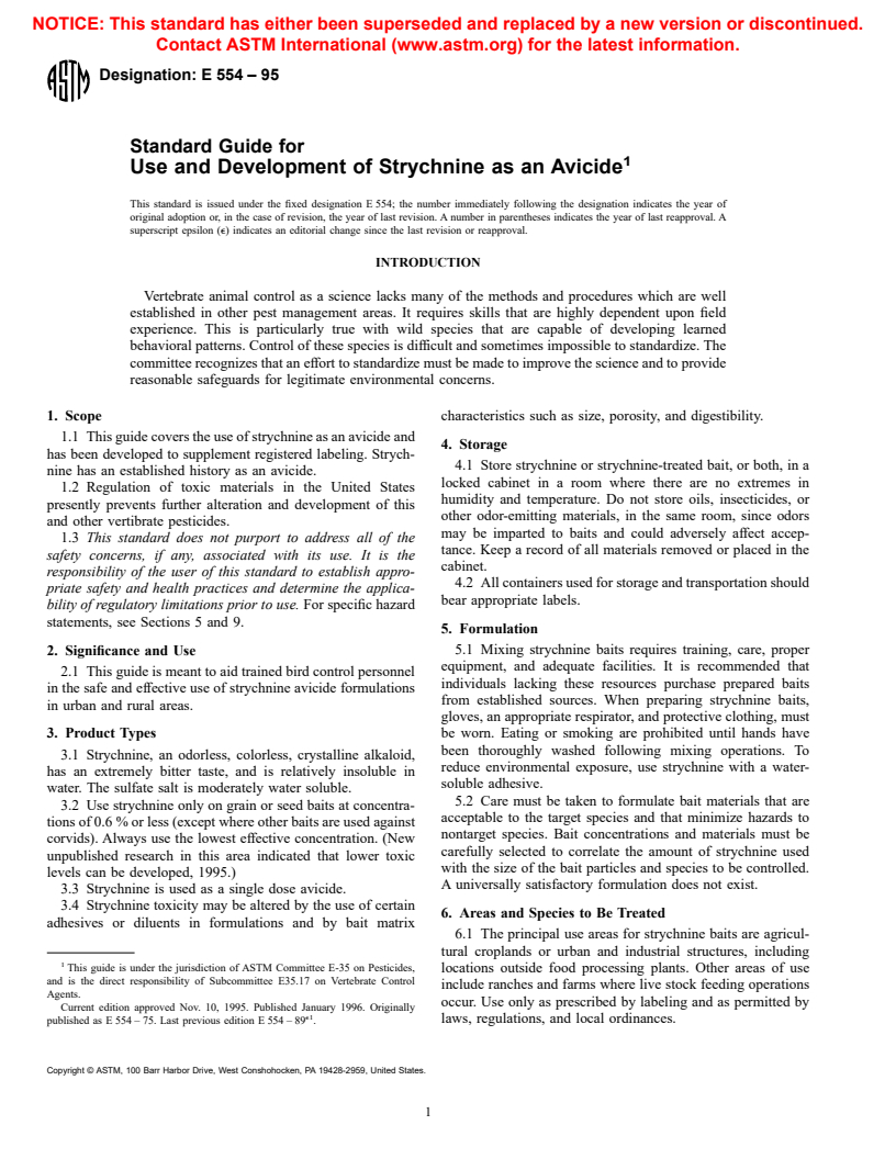 ASTM E554-95 - Guide for Use and Development of Strychnine as an Avicide (Withdrawn 2000)