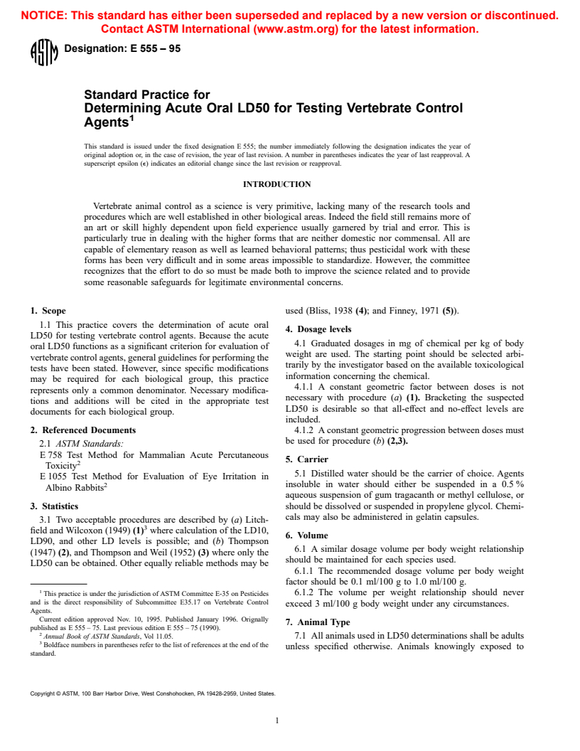 ASTM E555-95 - Practice for Determining Acute Oral LD50 for Testing Vertebrate Control Agents (Withdrawn 2000)