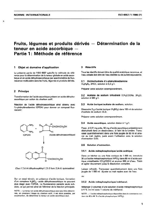 ISO 6557-1:1986 - Fruits, légumes et produits dérivés -- Détermination de la teneur en acide ascorbique
