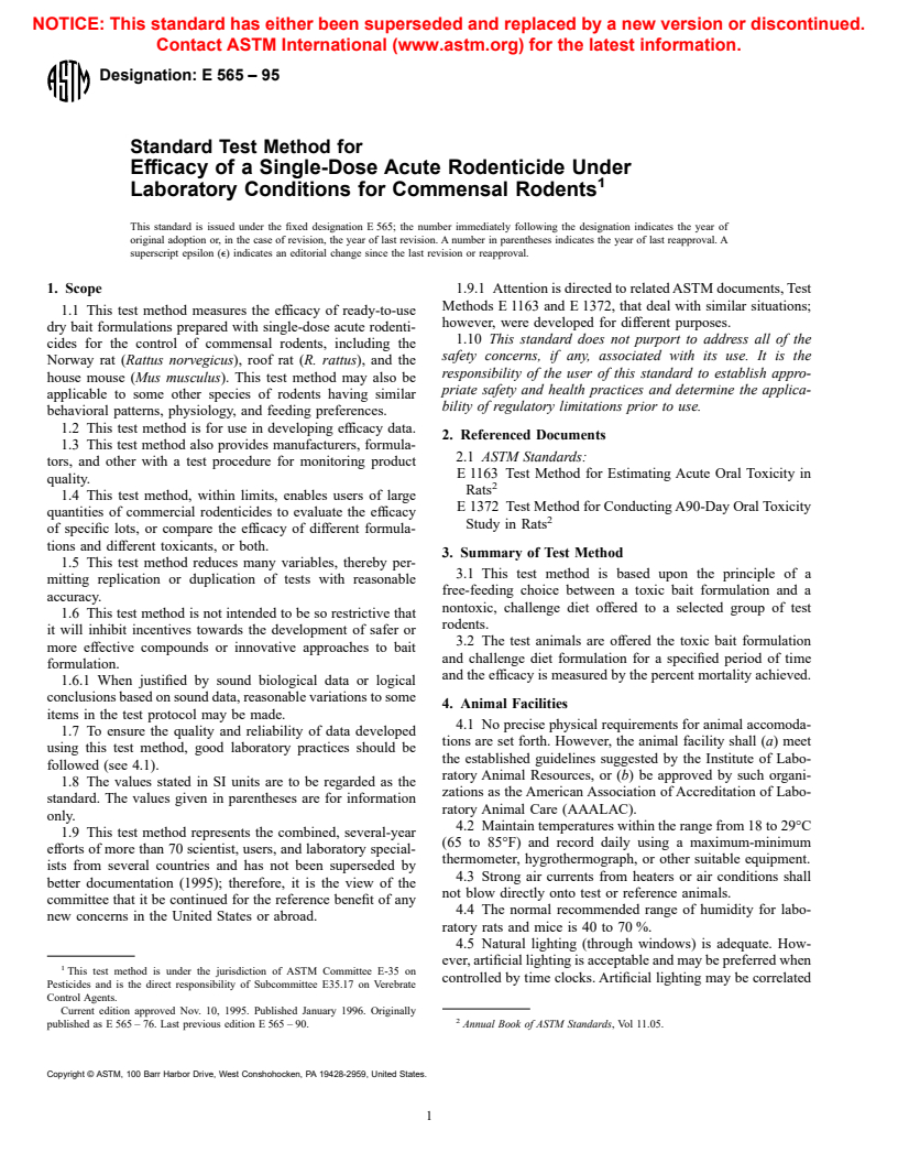 ASTM E565-95 - Test Method for Efficacy of a Single-Dose Acute Rodenticide Under Laboratory Conditions for Commensal Rodents (Withdrawn 2000)