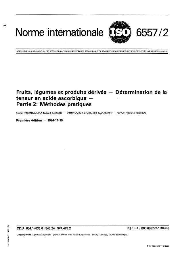 ISO 6557-2:1984 - Fruits, légumes et produits dérivés -- Détermination de la teneur en acide ascorbique