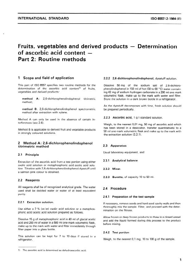 ISO 6557-2:1984 - Fruits, vegetables and derived products -- Determination of ascorbic acid content