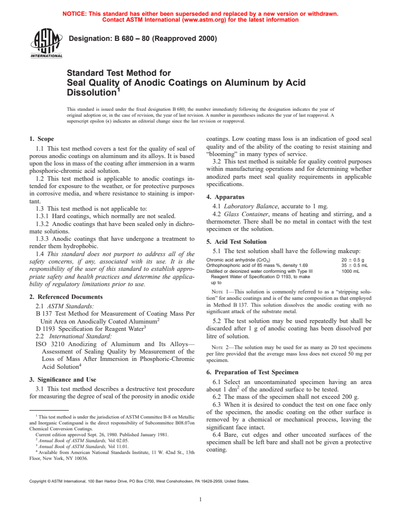 ASTM B680-80(2000) - Standard Test Method for Seal Quality of Anodic Coatings on Aluminum by Acid Dissolution