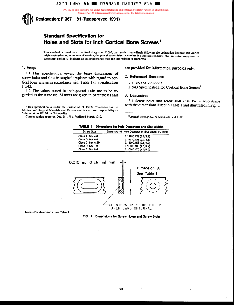 ASTM F367-81(1991) - Specification for Holes and Slots for Inch Cortical Bone Screws (Withdrawn 1997)