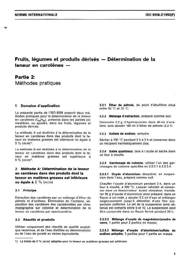 ISO 6558-2:1992 - Fruits, légumes et produits dérivés -- Détermination de la teneur en carotenes
