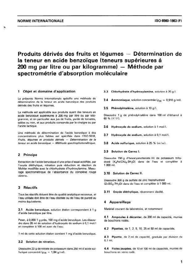 ISO 6560:1983 - Produits dérivés des fruits et légumes -- Détermination de la teneur en acide benzoique (Teneurs supérieures a 200 mg par litre ou par kilogramme) -- Méthode par spectrométrie d'absorption moléculaire