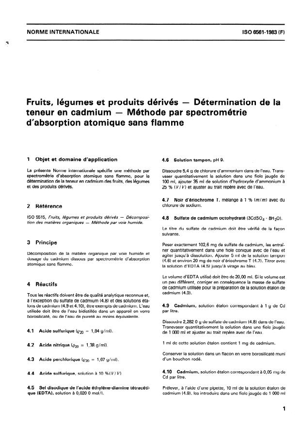 ISO 6561:1983 - Fruits, légumes et produits dérivés -- Détermination de la teneur en cadmium -- Méthode par spectrométrie d'absorption atomique sans flamme