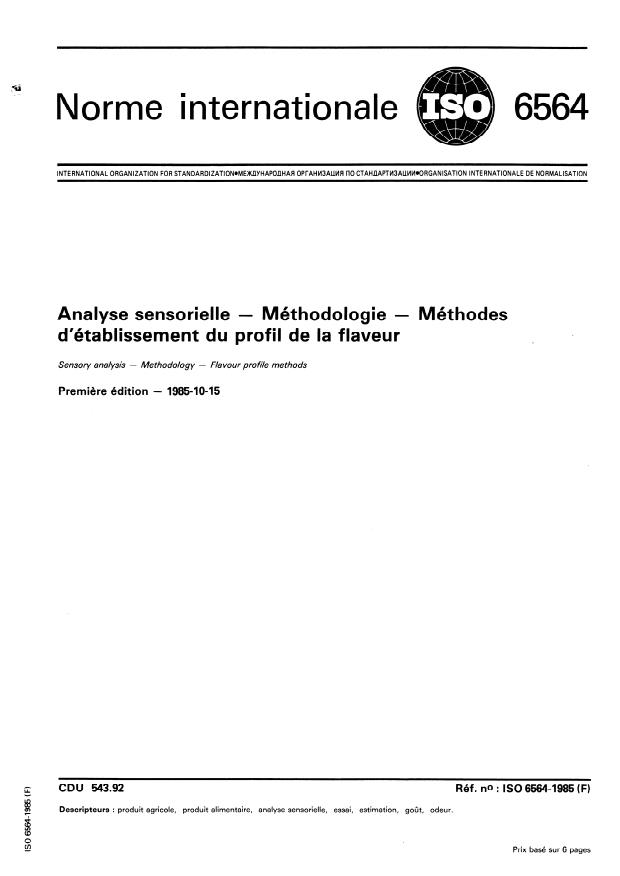 ISO 6564:1985 - Analyse sensorielle -- Méthodologie -- Méthodes d'établissement du profil de la flaveur