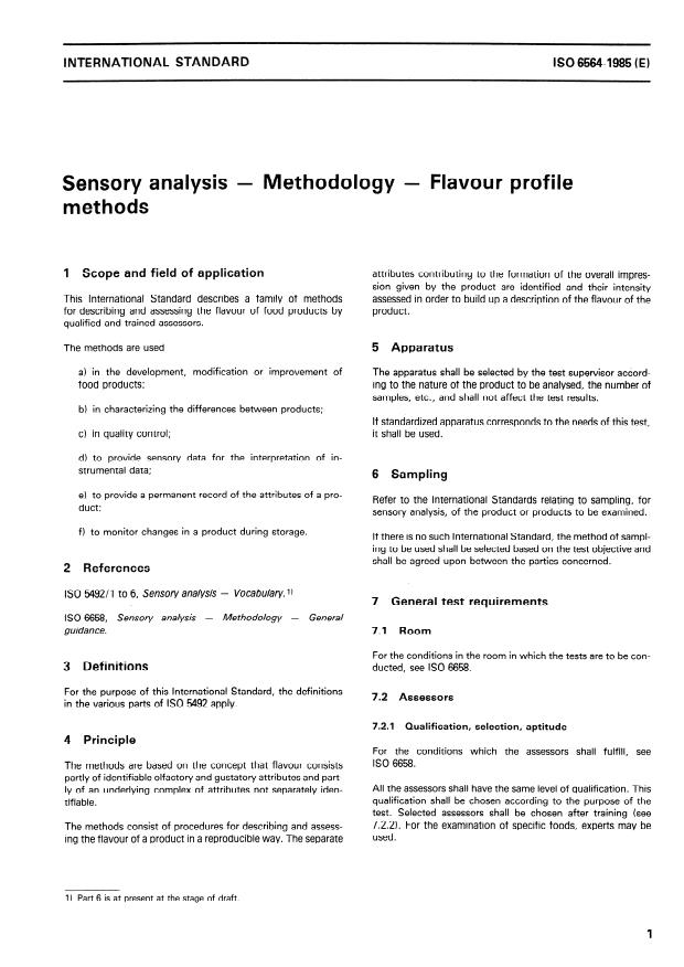 ISO 6564:1985 - Sensory analysis -- Methodology -- Flavour profile methods