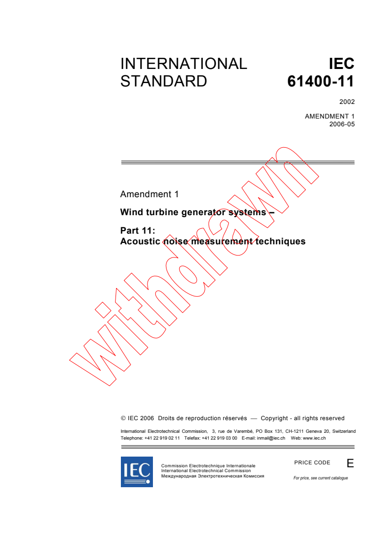 IEC 61400-11:2002/AMD1:2006 - Amendment 1 - Wind turbine generator systems - Part 11: Acoustic noise measurement techniques
Released:5/29/2006
Isbn:2831886821