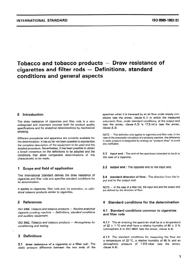 ISO 6565:1983 - Tobacco and tobacco products -- Draw resistance of cigarettes and filter rods -- Definitions, standard conditions and general aspects