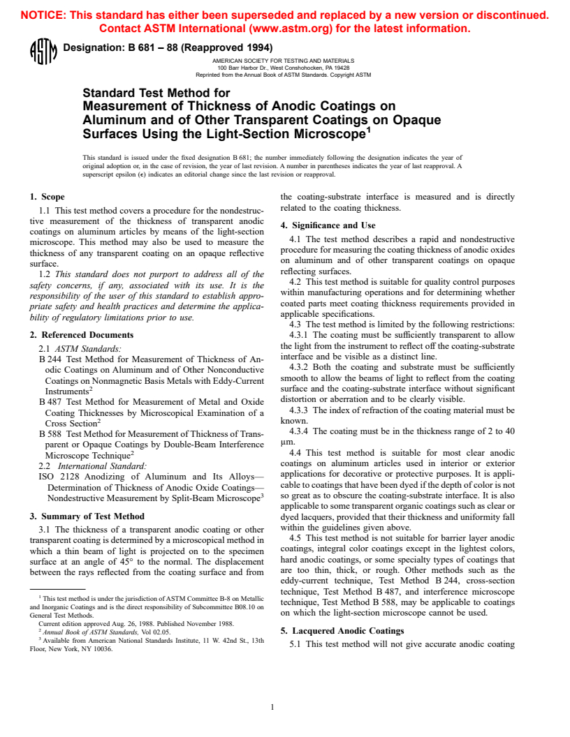 ASTM B681-88(1994) - Standard Test Method for Measurement of Thickness of Anodic Coatings on Aluminum and of Other Transparent Coatings on Opaque Surfaces Using the Light-Section Microscope (Withdrawn 2001)