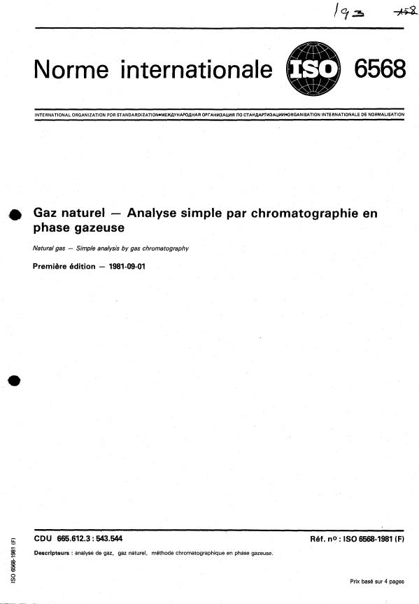 ISO 6568:1981 ISO 6568:1981 - Gaz naturel -- Analyse simple par chromatographie en phase gazeuse - Page 1 preview