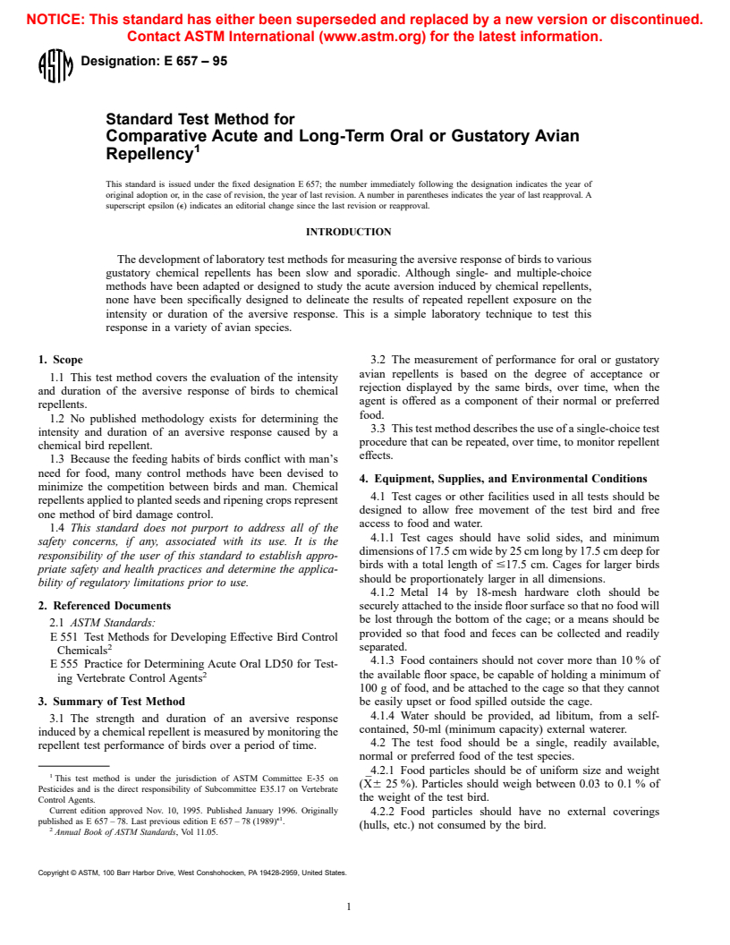 ASTM E657-95 - Test Method for Comparative Acute and Long-Term Oral or Gustatory Avian Repellency (Withdrawn 2000)