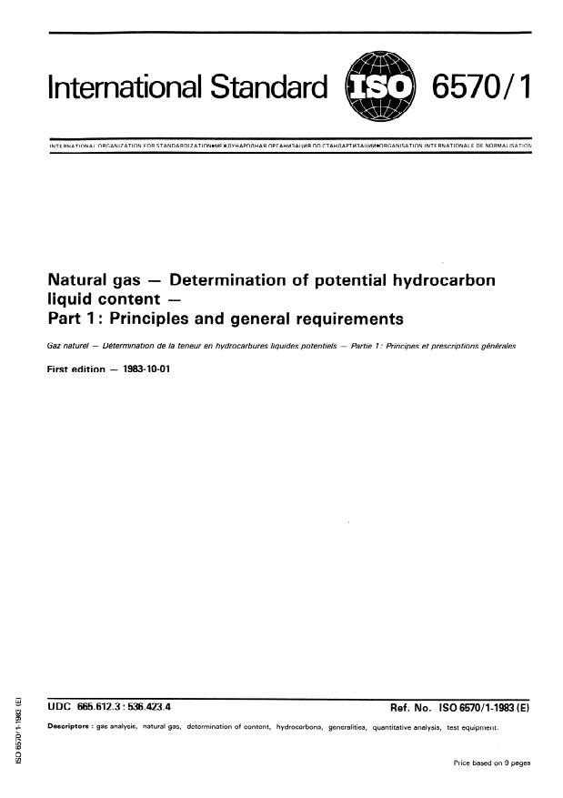 ISO 6570-1:1983 - Natural gas -- Determination of potential hydrocarbon liquid content