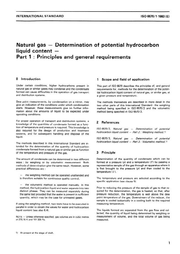 ISO 6570-1:1983 - Natural gas -- Determination of potential hydrocarbon liquid content