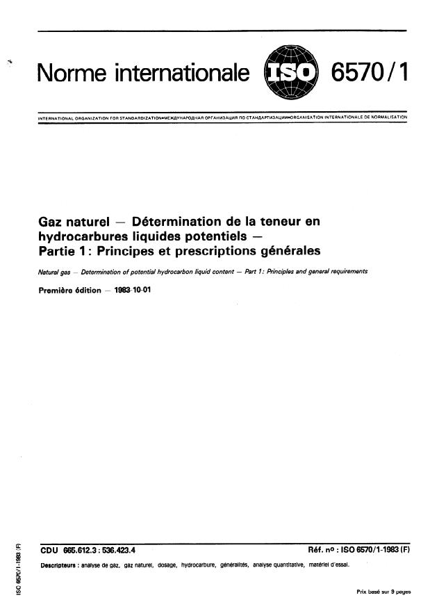 ISO 6570-1:1983 - Gaz naturel -- Détermination de la teneur en hydrocarbures liquides potentiels