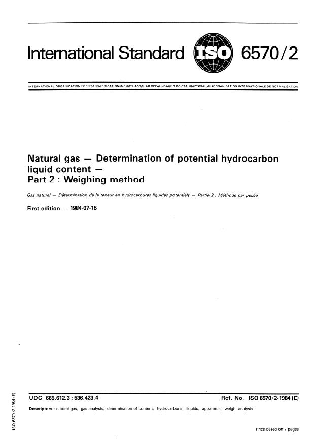 ISO 6570-2:1984 - Natural gas -- Determination of potential hydrocarbon liquid content