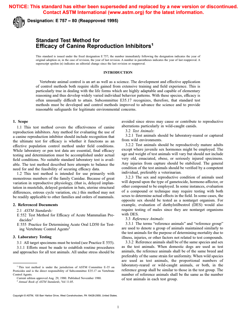 ASTM E757-80(1995) - Test Method for Efficacy of Canine Reproduction Inhibitors (Withdrawn 2000)