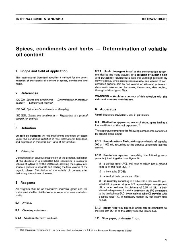 ISO 6571:1984 - Spices, condiments and herbs -- Determination of volatile oil content