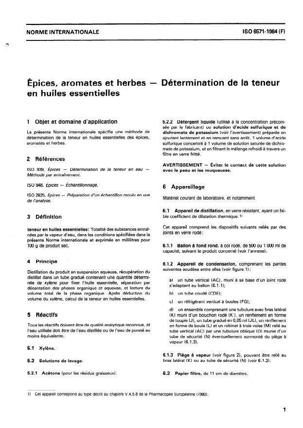 ISO 6571:1984 - Épices, aromates et herbes -- Détermination de la teneur en huiles essentielles