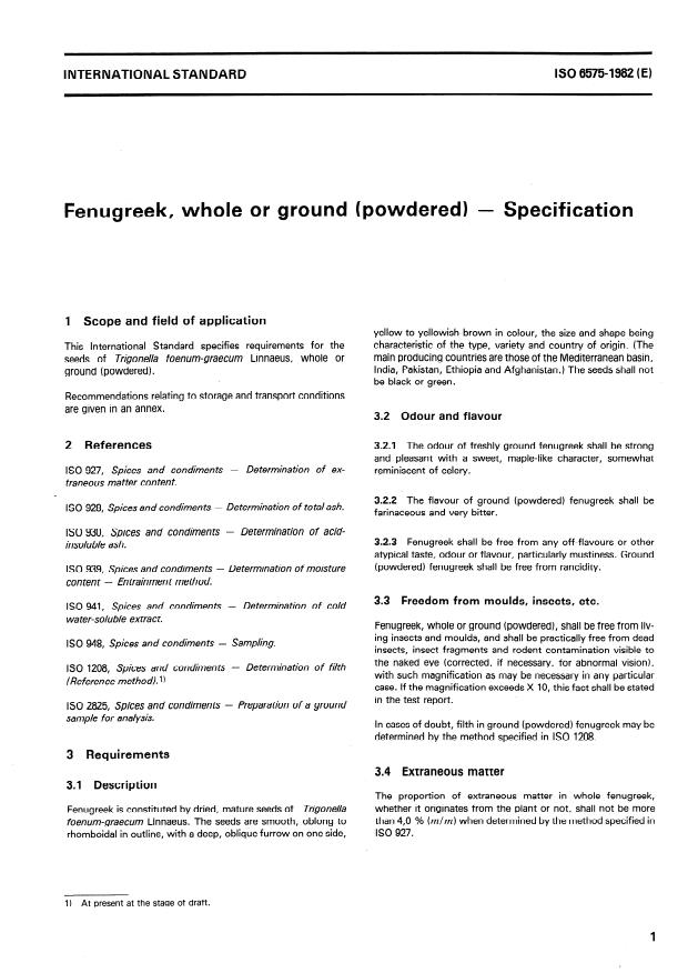 ISO 6575:1982 - Fenugreek, whole or ground (powdered) -- Specification