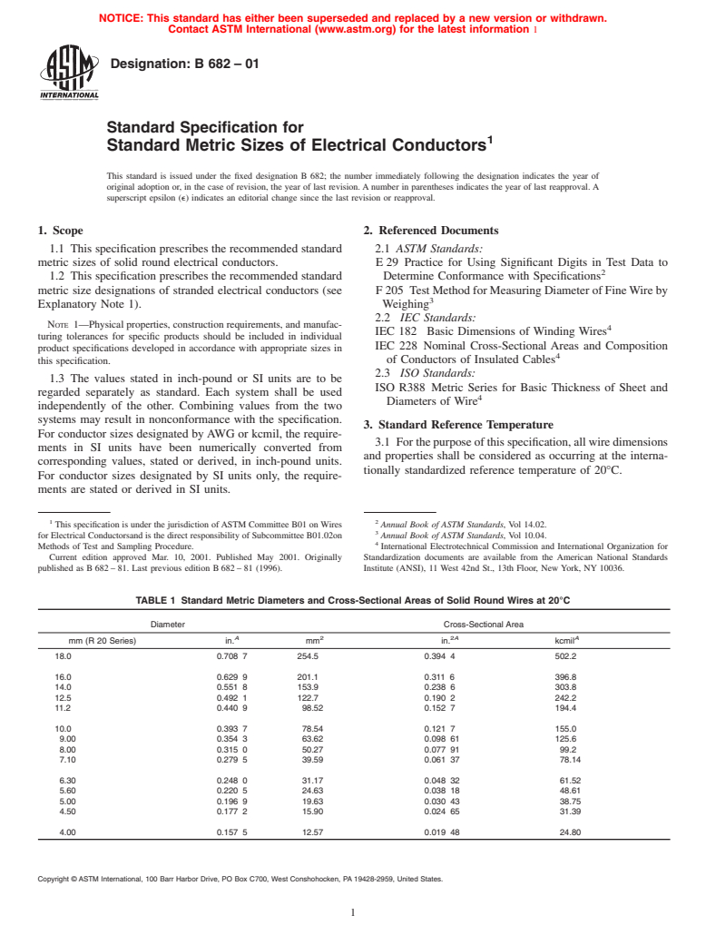 ASTM B682-01 - Standard Specification for Standard Metric Sizes of Electrical Conductors