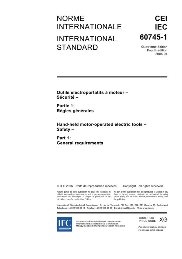 IEC 60745-1:2006 - Hand-held motor-operated electric tools - Safety - Part 1: General requirements