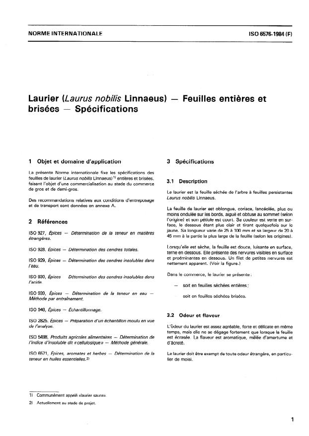ISO 6576:1984 - Laurier (Laurus nobilis Linnaeus) -- Feuilles entieres et brisées -- Spécifications
