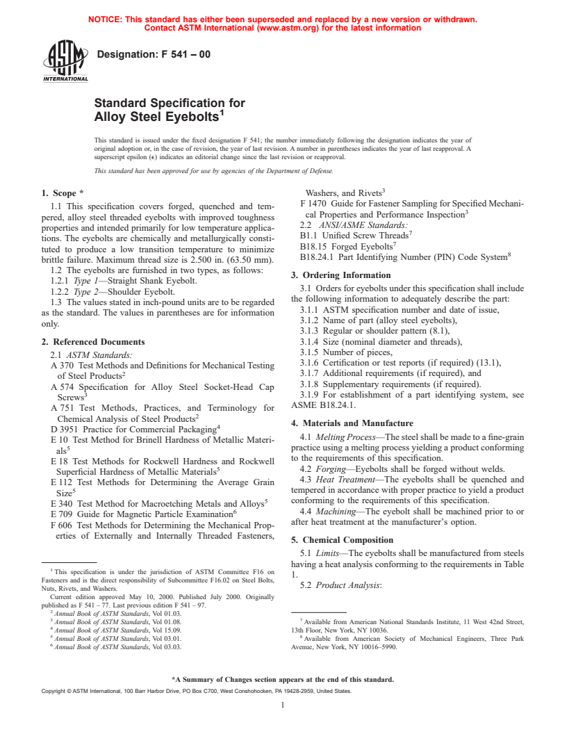 ASTM F541-00 - Standard Specification for Alloy Steel Eyebolts