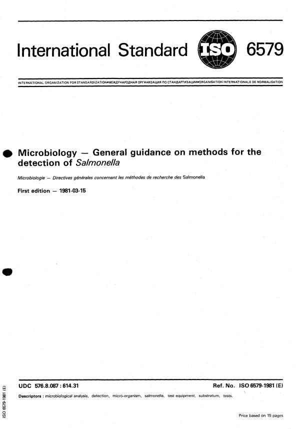 ISO 6579:1981 - Microbiology -- General guidance on methods for the detection of Salmonella