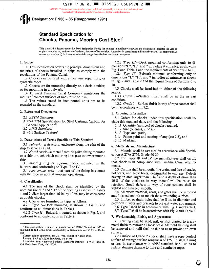 ASTM F936-85(1991) - Specification for Chocks, Panama, Mooring Cast Steel (Withdrawn 1997)