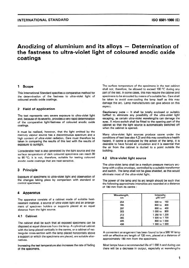 ISO 6581:1980 - Anodizing of aluminium and its alloys -- Determination of the fastness to ultra-violet light of coloured anodic oxide coatings