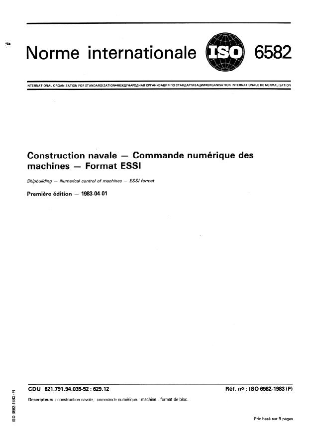 ISO 6582:1983 ISO 6582:1983 - Construction navale -- Commande numérique des machines -- Format ESSI - Page 1 preview