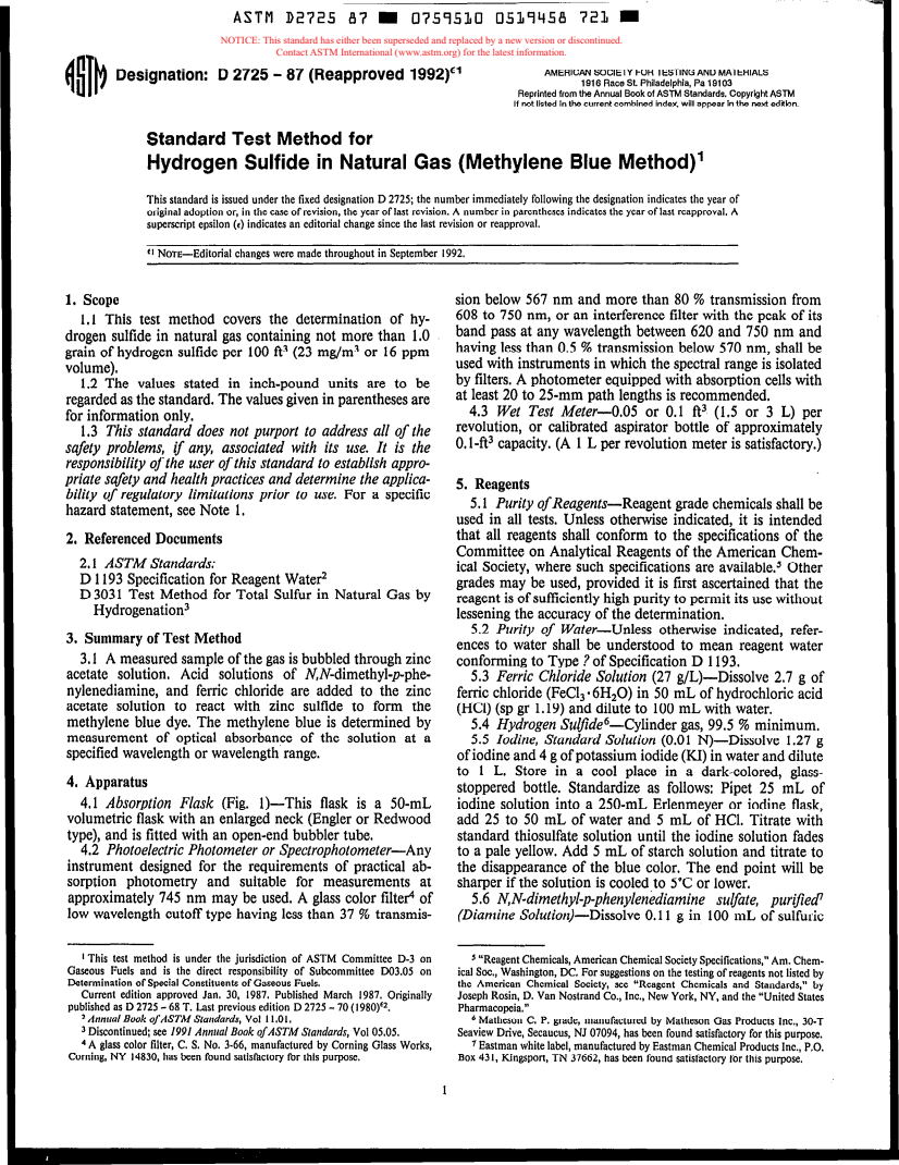 ASTM D2725-87(1992)E01 - Test Method for Hydrogen Sulfide in Natural Gas (Methylene Blue Method) (Withdrawn 1996)