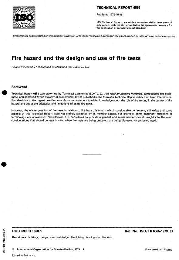 ISO/TR 6585:1979 - Fire hazard and the design and use of fire tests