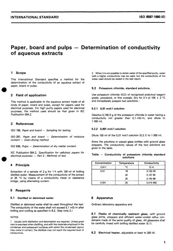 ISO 6587:1980 - Paper, board and pulps -- Determination of conductivity of aqueous extracts