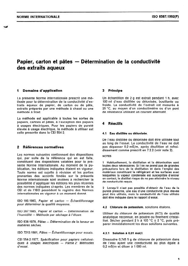 ISO 6587:1992 - Papier, carton et pâtes -- Détermination de la conductivité des extraits aqueux