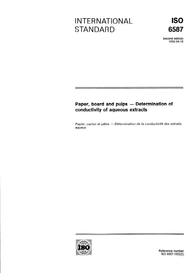 ISO 6587:1992 - Paper, board and pulps -- Determination of conductivity of aqueous extracts