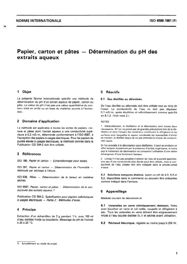 ISO 6588:1981 - Papier, carton et pâtes -- Détermination du pH des extraits aqueux