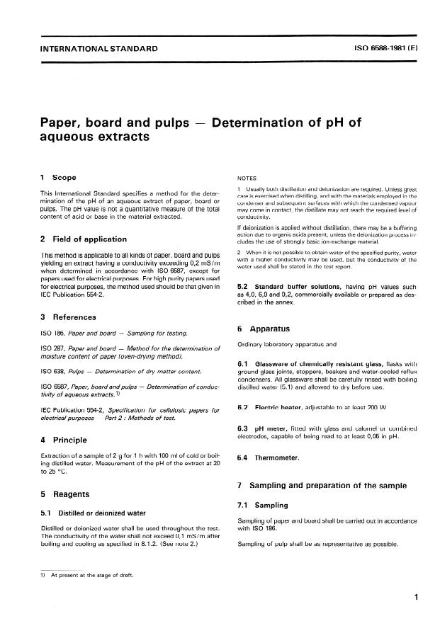 ISO 6588:1981 - Paper, board and pulps -- Determination of pH of aqueous extracts
